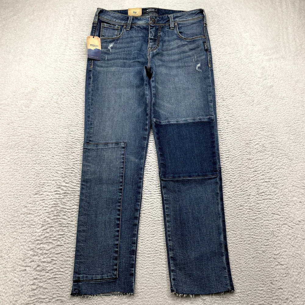 Silver Jeans Womens Izzy Slim Size 29x27 (FITS 30x28) Raw Hem Patchwork NEW 99$